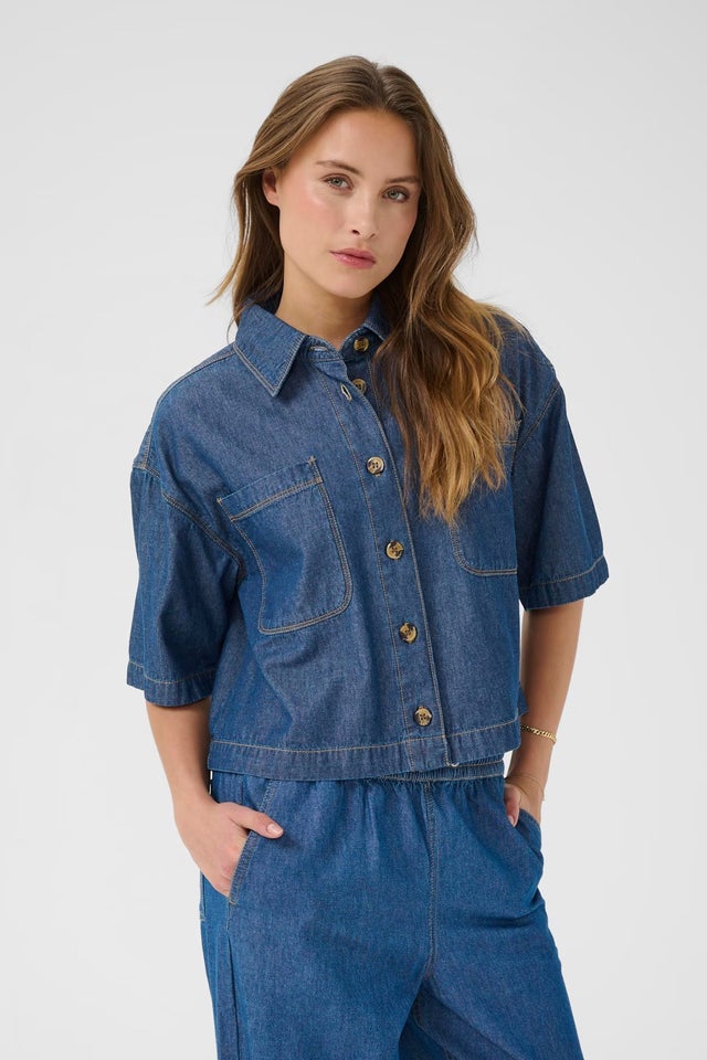 emm【ensemblesleeve blouse】 Elbow-length sleeves V-neck crinkled blouse | Icône | | Simons